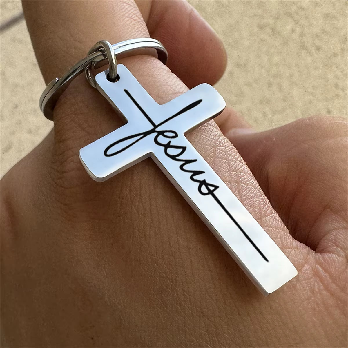 1Pc Men'S Stainless Steel Keychain, Cross Jesus Pendant Key Chain, Devout Christian Gift