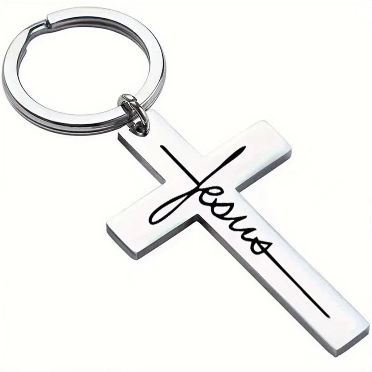 1Pc Men'S Stainless Steel Keychain, Cross Jesus Pendant Key Chain, Devout Christian Gift