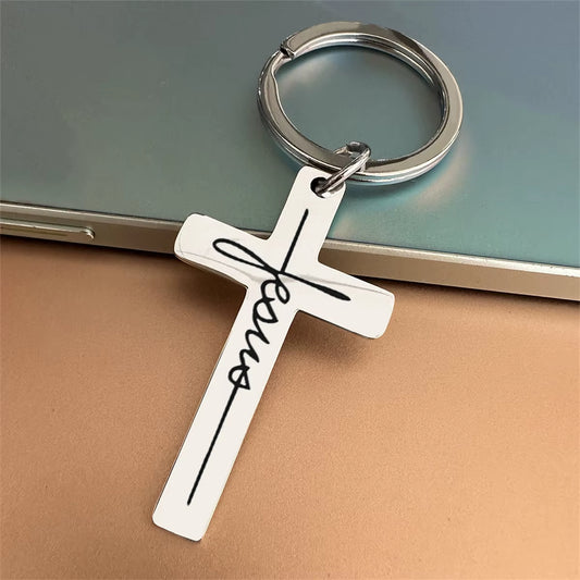 1Pc Men'S Stainless Steel Keychain, Cross Jesus Pendant Key Chain, Devout Christian Gift