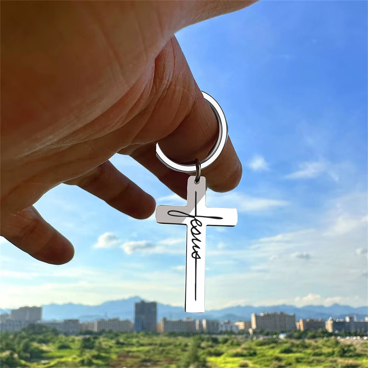 1Pc Men'S Stainless Steel Keychain, Cross Jesus Pendant Key Chain, Devout Christian Gift