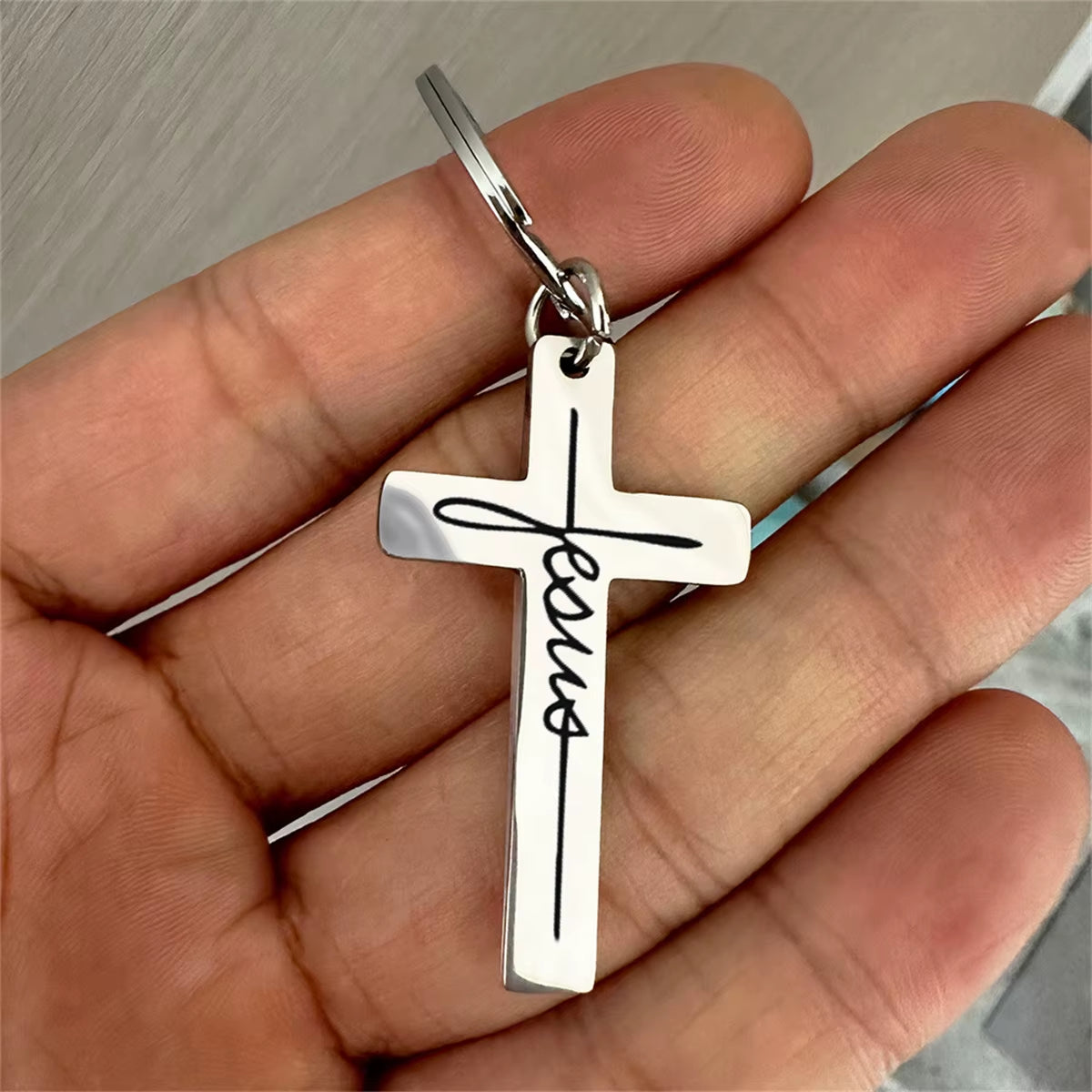 1Pc Men'S Stainless Steel Keychain, Cross Jesus Pendant Key Chain, Devout Christian Gift